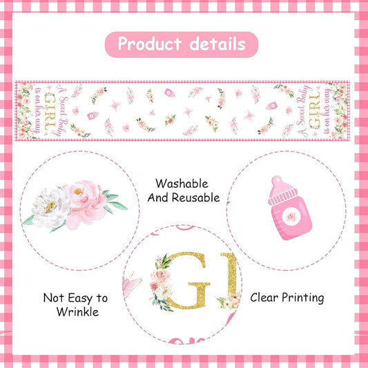 A Sweet Baby Girl is On Her Way Table Runner, Pink Linen Fabric Table Runner for Everyday Use 72 x 13 Inches, Washable Table Cover for Baby Shower Indoor Outdoor Kitchen Dining Table Decor