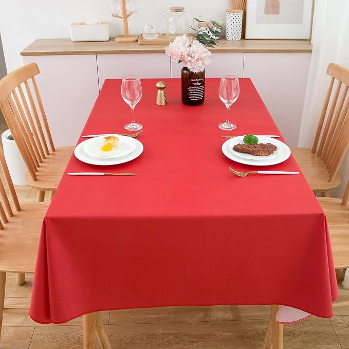 LIBERECOO Vinyl Tablecloth with Flannel Backing, Solid Red, Waterproof, Stain-Resistant, Easy-Clean Table Cover for Holiday, Dining, Kitchen, and Outdoor Use, 60" x 102" Rectangle