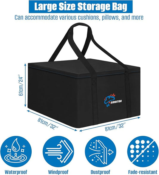 SIRUITON Cushion Storage Bag 600D Oxford,Waterproof,32" L x 32" W x 24" H | Heavy duty, rip proof, with handle & zipper, for patio & garden cushions, UV-resistant, all-weather protection