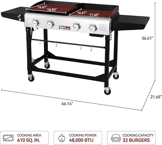Royal Gourmet GD401C 4-Burner Propane Gas Grill and Griddle Combo with Cover, Griddle Grill Combo with 48,000 BTUs Output for Outdoor Cooking While Camping or Tailgating, Black & Silver
