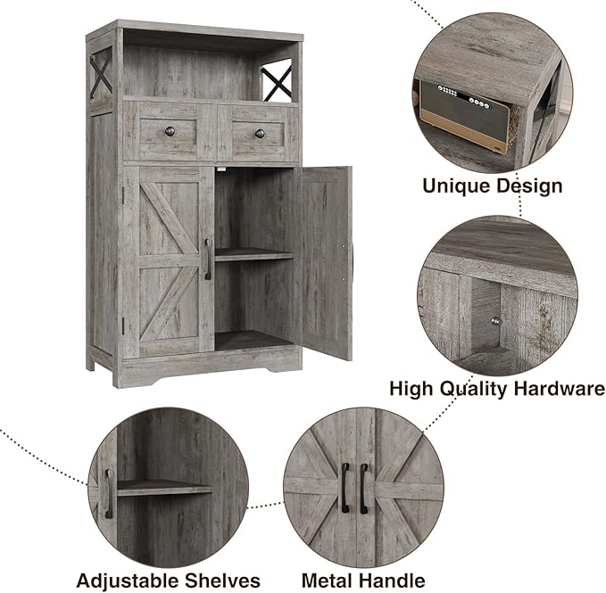 Befrases Farmhouse Storage Cabinet with Drawers and Adjustable Shelves, Freestanding Kitchen Pantry Storage Cabinet, Floor Storage Cupboard for Dining Living Room Home Office, Washed Grey