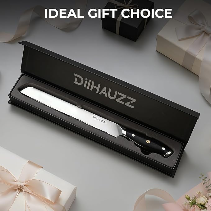 DiiHAUZZ Bread Knife, 10 Inch Serrated Knife for Slicing Homemade Bread, Razor Sharp High Carbon Steel, Professional Bakery Kitchen Knives with Full Tang Ergonomic Handle for Sourdough, Bagel, Cake