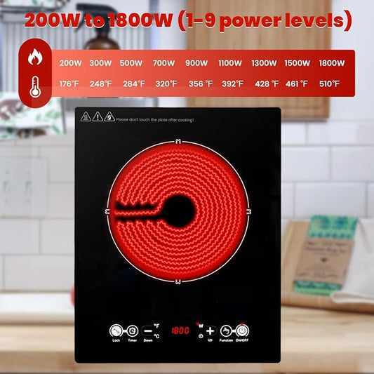 Electric Cooktop 110V, Single Burner Plug in Portable Induction Cooktop, Countertop Ceramic Stove Top with Power Levels and Overheat Protection, Child Safety Lock, Timer, 1800W