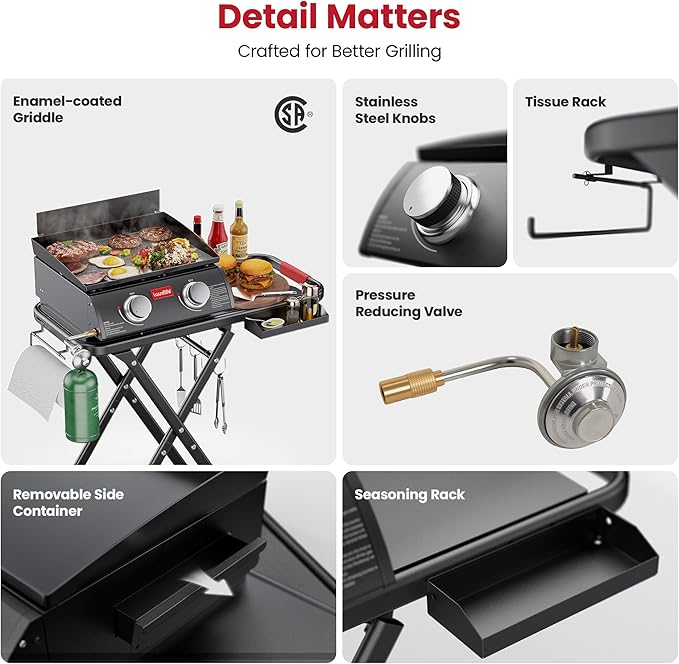 Laudlife 2 Burner Propane Gas Griddle with Removable Stand & Side Table, Converts to Tabletop, Non-Stick Enameled Cast Iron & 342 SQ.IN, Easy Cleanup, Folds Compact for Camping, Tailgating, Backyard