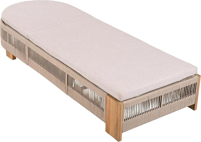 Merax Outdoor Chaise Lounge Chair with Adjustable Backrest & Waterproof Cushion - Acacia Wood Pool Sun Lounger for Patio, Beach, Yard, Garden, Beige