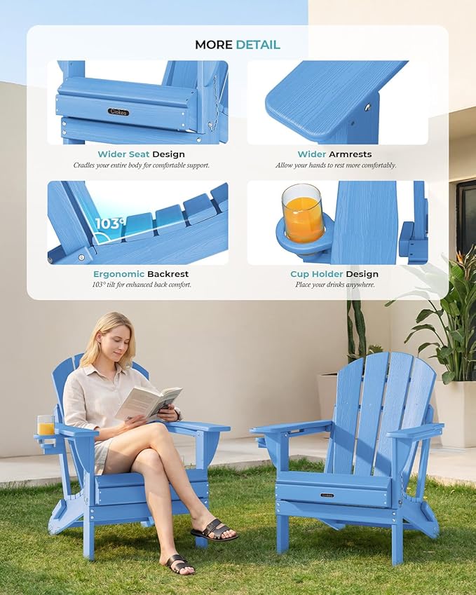 Ciokea Folding Adirondack Chairs Set of 4, Patio Adirondack Chair Weather Resistant, Plastic Fire Pit Chair with Cup Holder, Lawn Chair for Outdoor Porch Garden Backyard Deck, Baby Blue