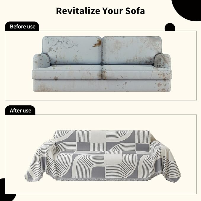 WEYOND Boho Couch Cover, Chenille Sofa Covers Washable, 91" x 150", Grey | Couch Covers for 3 Cushion Couch Sofa Pet Friendly, Bohemian Sofa Slipcovers for Sectional Sofa, Loveseat, 2 3 4 Seater
