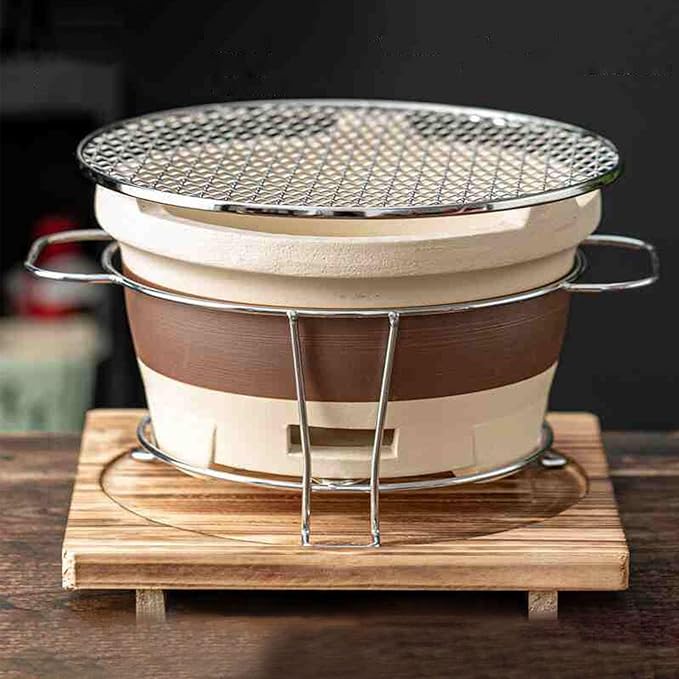 Clay Charcoal Stove, Portable Barbecue Stove, Tabletop Clay Stove, Tea Making Charcoal Stove, with Metal Rack, Wooden Base, Metal Grill Pan, Outdoor Charcoal Stove(Medium)