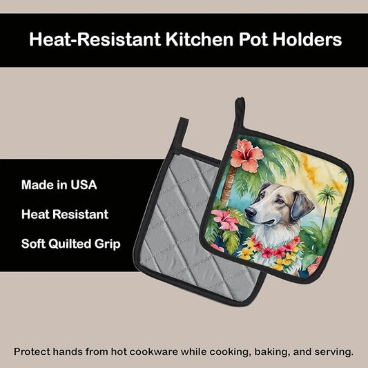 Caroline's Treasures Borzoi Luau Pair of Pot Holders Kitchen Heat Resistant Pot Holders Sets Oven Hot Pads for Cooking Baking BBQ, 7 1/2 x 7 1/2