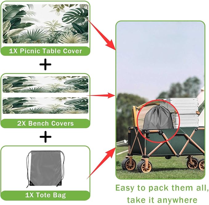JAWO Picnic Table Cover with Bench Covers and Bag, Tropical Plant Leaves Rv Essentials, Waterproof Windproof Fabric, Fitted Tablecloth Cover with Elastic Edge, 3 PCS, 30x60 Inch