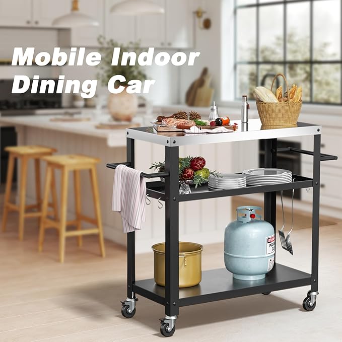 Baotree Outdoor Grill Cart Table, Stainless Steel Outdoor Grill Cart Pizza Oven Stand Trolley Table with Two Side Handle, Garden Patio BBQ Kitchen Heavy Duty Table Cart (Black)