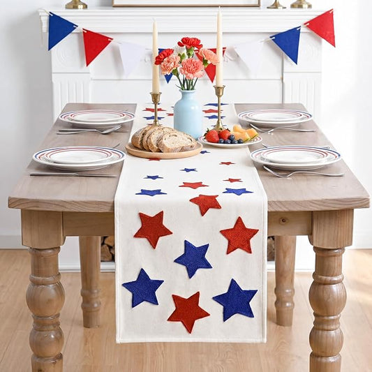 Artoid Mode Soft Chain Embroidery Patriotic Stars 4th of July Table Runner, Memorial Day Kitchen Dining Table Decoration for Home Party Decor 13x72 Inch