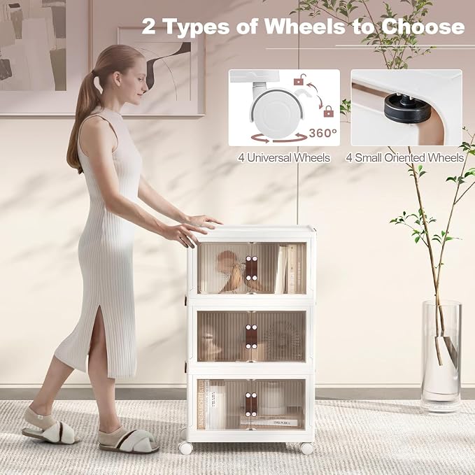 HOMGX 3 Tier Stackable Storage Bins, Collapsible Closet Organizers w/Wheels and Lids, Foldable Cabinet Front and Top Open, Foldable Plastic Containers for Kitchen (25.5 Gal (19" x 12" x 34"))