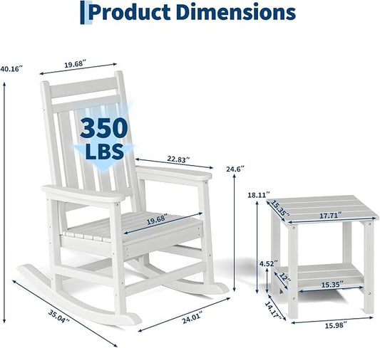Garvee HDPE Rocking Chair Outdoor Set of 4 with 2 Side Table - Poly High Back Porch Rocker Chairs for Adults - All Weather Resistant Furniture for Patio Front Porch - White
