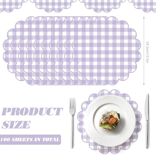 100 Pcs Checkered Paper Placemats Purple Gingham Place Mats 13.5 Inch Disposable Round Decorative Dining Table Mat with Scalloped Edge Paper Cutouts Decor for Wedding Baby Shower Party Supplies