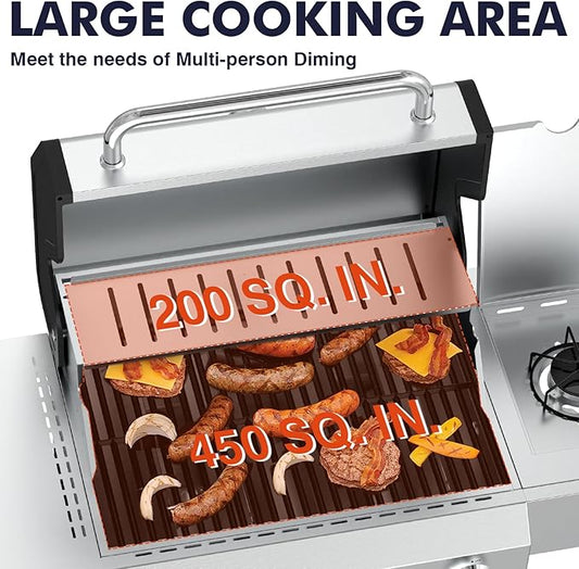 Llamaviva 4 Burner Gas Grill with Side Burner 60000 BTU Propane Flat Top Grill Stainless Steel Outdoor BBQ Grill Portable with Wheels for Patio Camping