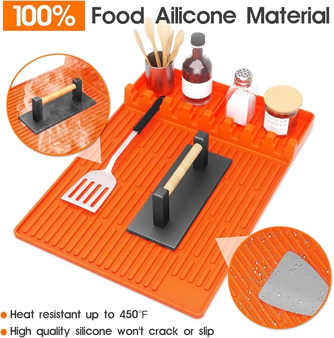 Snuggery Silicone Griddle Tools Mat for Blackstone – Griddle Accessories 16"x11.5" BBQ Spatula Organizer with Drip Pad, Heat-Resistant Grill Accessories for Outdoor Cooking, Gifts for Husband & Men