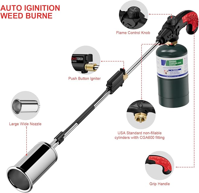 Sondiko Big Flame Propane Torch Head Kit, Weed Torch, Heavy Duty Blow Torch Detachable Propane Weed Torch with High Output for Garden Stumps Wood Ice Snow Roofing(Black & Red)