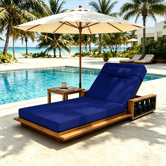 Chaise Lounge Cushion for Outdoor Furniture, Waterproof, Fade-Resistant and Tear Resistant, Patio Lounger Pads with Removable Cover for Pool, Deck, Lawn, 72x21x4 Inch, Royal Blue