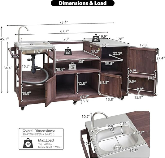 75.4" Outdoor Kitchen Island with Sink, Solid Wood Grill Cart for XL Big Green Egg, Rolling Outdoor Bar Cart with Stainless Steel Top, Adjustable Shelves, 6 Wheels for BBQ Pizza Prep