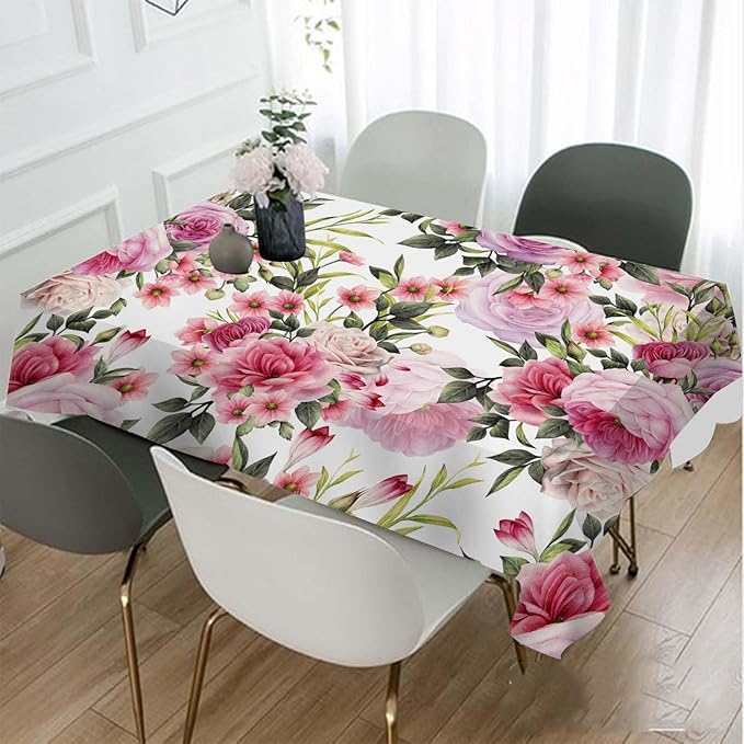 TKS MITLAN Roses Tablecloth 52 x 70 Inch Rectangular Wreath Pretty Floral Pink Peony Flowers Bud Leaf Bouquet Elegance Oblong Table Cloth Kitchen Table Decorations for Home Dinner Party