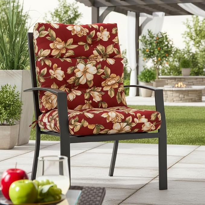 Outdoor Tufted High-Back Chair Cushions, One-Piece Hinged Seat and Back Design, Reversible with 4 Ties, Durable Polyester Fabric, Recycled Fiber Fill - Single, Roma Floral