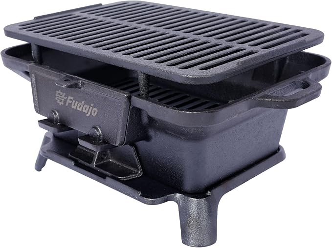 16" Rectangular Cast Iron Hibachi Grill, Portable Charcoal Grill With Vent Removable Grate, Yakitori Grills for Outdoor Camping Cooking, Enameled (Rectangular)