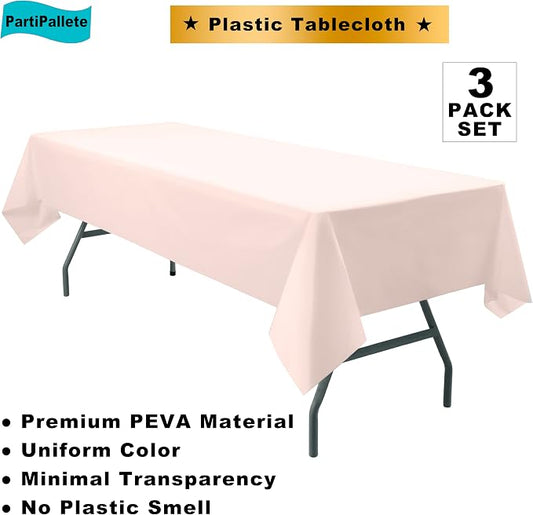 3-Pack Premium Plastic Blush Light Pink Tablecloth Disposable 54" x 108" Rectangle Table Cover Pastel Pale Pink Party Table Cloths for Parties Wedding Bridal Shower Engagement Banquet