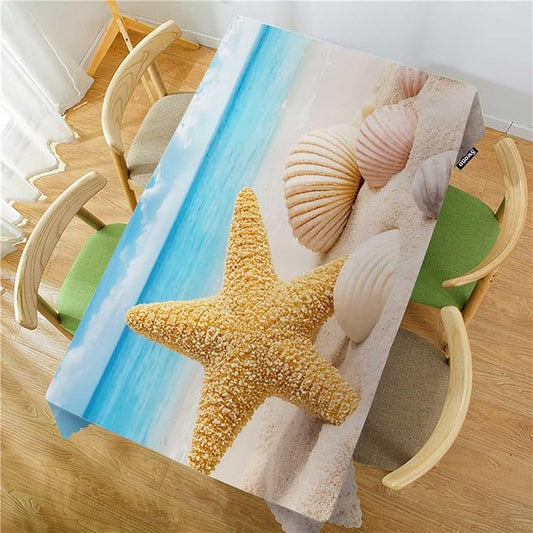 Swono Seashell 52"X70" Oblong Table Cloth Tropical Ocean Beach Starfish and Seashells Wrinkle Free Table Cover Farmhouse Tablecloth for Home Restaurant Picnic Indoor Outdoor Dining