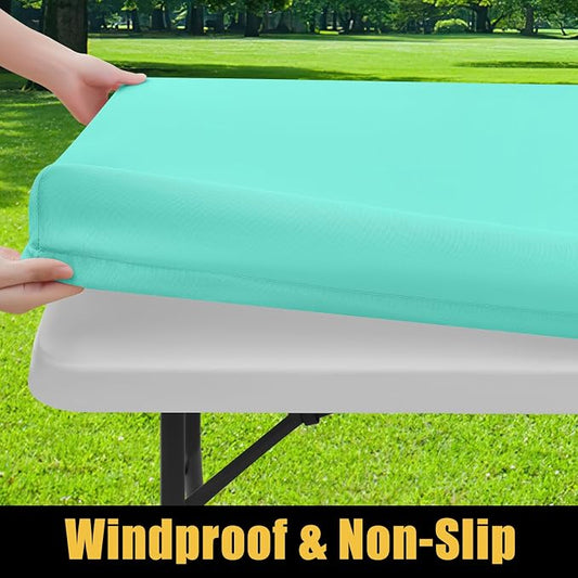 Smiry Rectangle Picnic Table Cloth, Waterproof Elastic Fitted Tablecloths for 8 Foot Tables, Washable Polyester Table Cover for Camping, Indoor and Outdoor (Aqua, 30"x96")