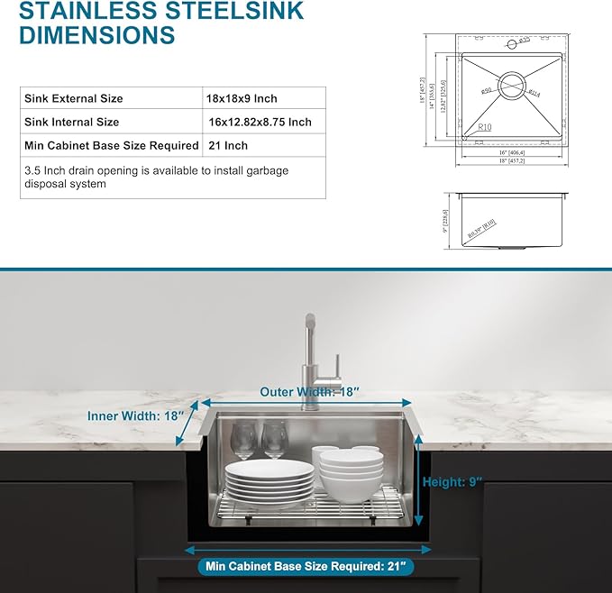 Outdoor Sink and Faucet18 Inch Drop In Bar Sink Workstation 16 Gauge Stainless Steel Single Bowl Small Basin With Pull-out Faucet Outdoor Bar RV Kitchen Sinks 18x18x9 Inch