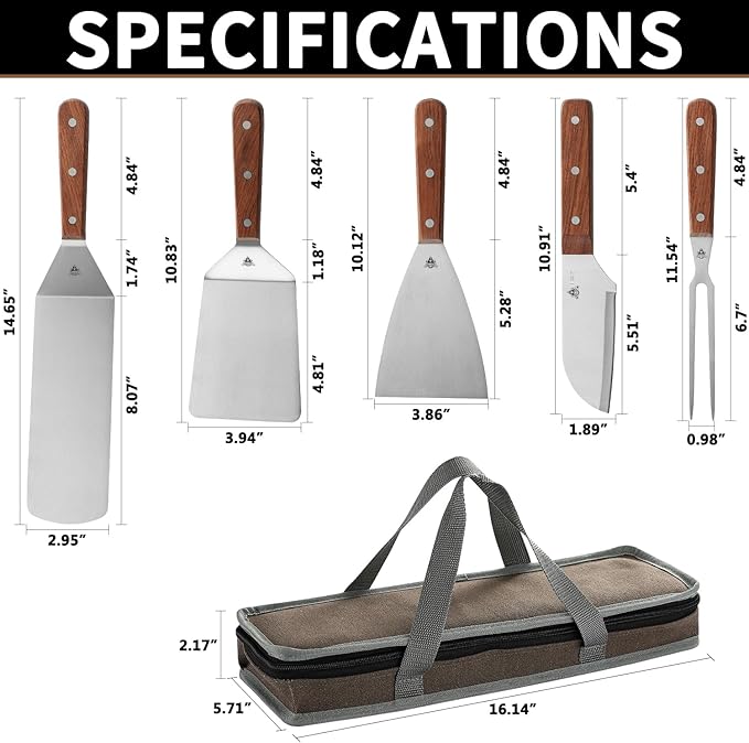 GRILLGEN Heavy Duty Griddle Accessories Kit, Flat Top Grill Accessories Set with Full-Tang Rosewood Handles, Stainless Steel Spatula Set with Santoku Knife for Smash Burger, Hibachi, Camping & BBQ