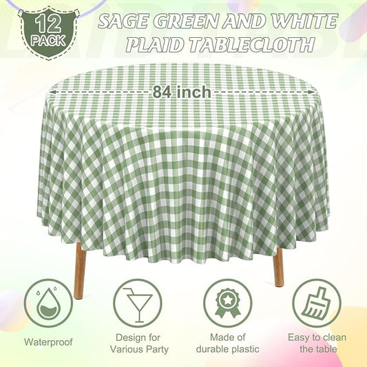 12 Pcs Sage Green Gingham Tablecloths 84 inch Checkered Round Tablecloths | Disposable Waterproof Green Round Gingham Tablecloths for Baby & Bridal Shower Picnic Camping Barbecue Birthday Party,84 Inch