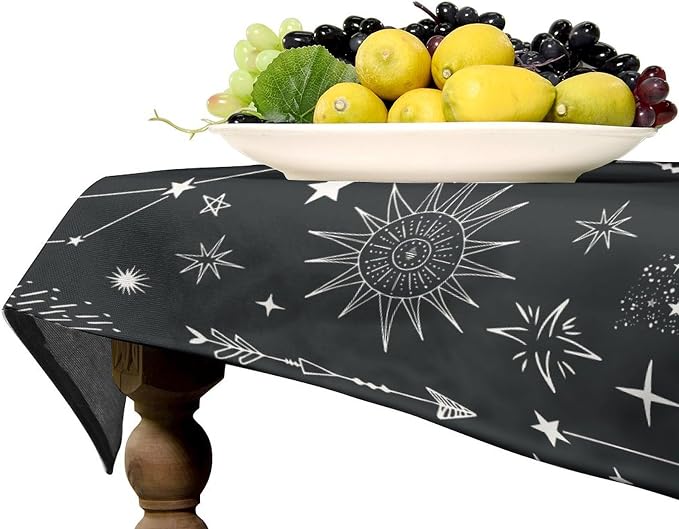 Sun Moon Tablecloth Boho Astrology Celestial Star Crescent Galaxy Space Table Cloth Water Resistant Wipeable Table Cover for Picnic Party Holiday Kitchen Dinner Table 55"x55"