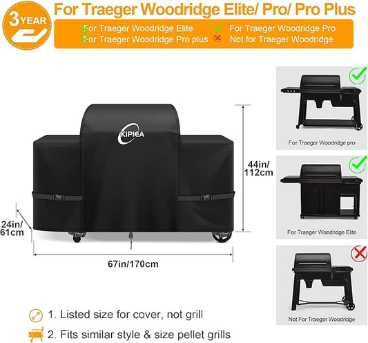 Kipiea Heavy Duty Grill Cover for Traeger Woodridge Elite/Pro/Pro Plus, 600D Oxford Wood Pellet Smoker Covers Waterproof & Windproof, Pellet BBQ Grill Cover for Outside Anti-UV, No Tear, No Fading