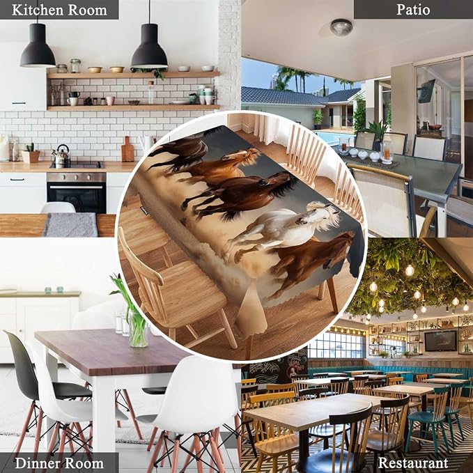 Swono Horse Tablecloth Horse Herd Run in Desert Sand Storm Rectangle Table Cloth Washable Plaid Table Cover for Kitchen Holiday Dinner Picnic BBQ, 52x 70 Inch Tablecloth