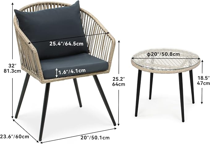 YITAHOME 3-Piece Outdoor Patio Furniture Wicker Bistro Set, All-Weather Rattan Conversation Chairs for Backyard, Balcony and Deck with Soft Cushions, Glass Side Table, Gray Rattan