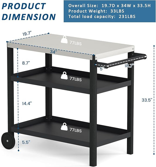 TORVA Outdoor Prep Grill Cart, Honeycomb Style Wear-Resistant Tabletop with High Load-Bearing Portable BBQ Table, HDPE Durable Frame 3-Tier Storage Table, Black