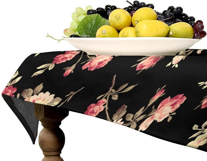 Vintage Flower Tablecloth, Black Pink Garden Florals Rustic Roses Boho Botanical Plant Water Resistant Wipeable Table Cover for Picnic Party Holiday Kitchen Dinner Table 55"x75"