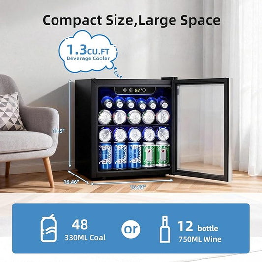 Antarctic Star Beverage Cooler Holds Up to 48 Cans & 12 Wine Bottles, Stainless Steel Glass Door Drink Fridge with Digital Display and Electronic Temperature Control, Silver