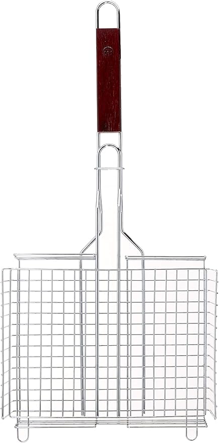 Outset Rosewood Handle Grill Basket, Fish and Vegetable Grill Basket, Chrome