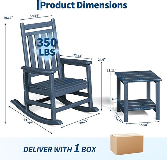 Garvee HDPE Rocking Chair Outdoor Set of 2 with Side Table - Poly High Back Porch Rocker Chairs for Adults - All Weather Resistant Furniture for Patio Front Porch - Navy Blue