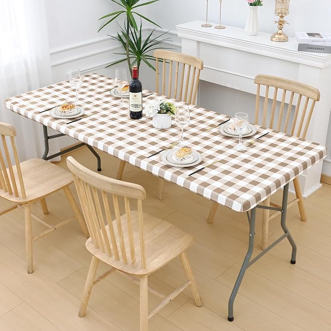 Smiry Picnic Table Cloth 2 Pack, Waterproof Elastic Fitted Tablecloths for 18x72 Rectangle Tables, Washable Polyester Buffalo Plaid Tablecloth for Camping, Dining & Outdoor (Khaki & White, 18" x 72")