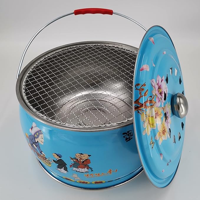 Grill for Outdoor 12.2-inch Round Shape Charcoal Grill Brazier with Handle and Vibrant Color Pattern Outdoor Camping Courtyard Picnic Roast Meat Home BBQ Charcoal Oven Barbecue Grill ( Color : Blue )