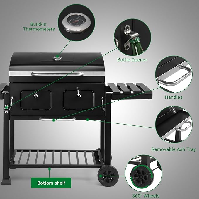 Large Charcoal BBQ Grill, Portable 2 in 1 Barbecue with Spacious Cooking Area, Foldable Side Tables & Wheels, Outdoor Garden Barbecue Smoker for Camping Backyard Patio Party Picnic