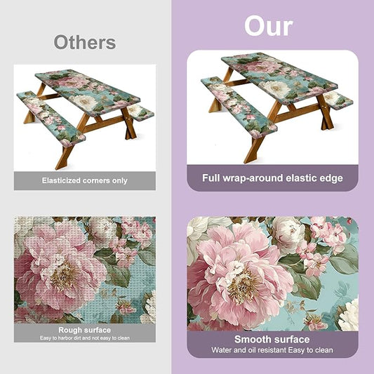 Floral Picnic Tablecloth with Table Cover, Waterproof Elastic Tablecloth for Outdoor Picnic Table, Retro Peony Design, Fits 72in Tables