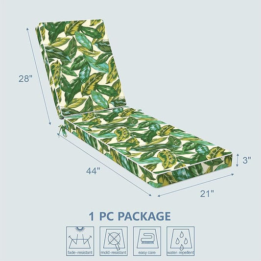 LVTXIII Outdoor Chaise Lounge Cushion 72x21x3 Inch, Water-Repellent Patio Seat Cushion with Ties & Hidden Zipper, Thick Foam Pad for Lawn Chair, Poolside, Patio Furniture, Lush Leaf Jungle