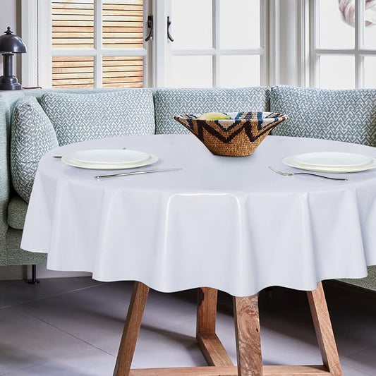 sancua 100% Waterproof Vinyl Tablecloth Table Cloth 60 Inch Round, White | Oil Spill Proof, PVC Material, Wipe Clean Table Cover for Dining Tables, Buffet Parties and Camping