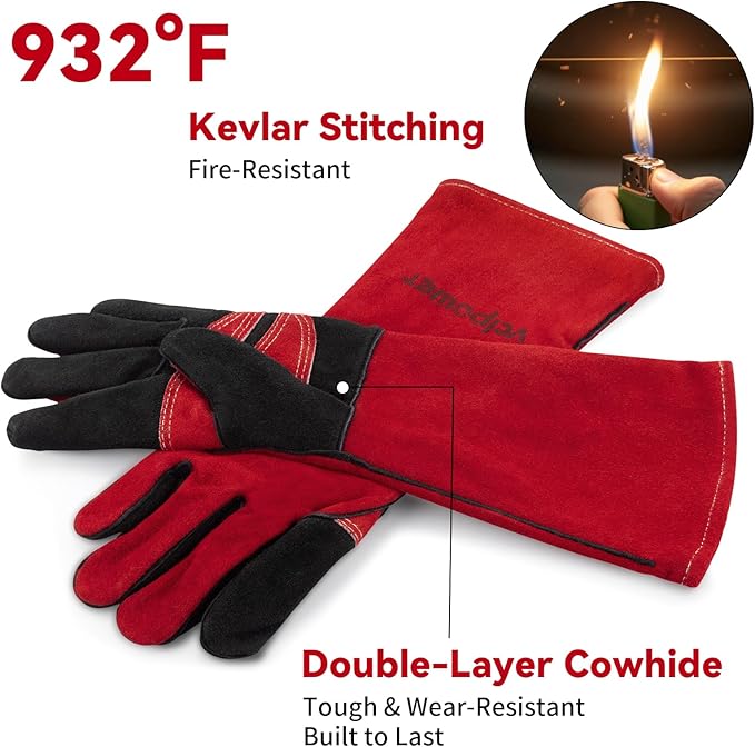 vclpower Welding Gloves 16 Inches 932°F Extreme Heat Fire Resistant Leather Forge Gloves for Mig, Tig, Stick, BBQ, Fireplace, Wood Stove, Furnace, Handling Dry Ice - Safety Work XL