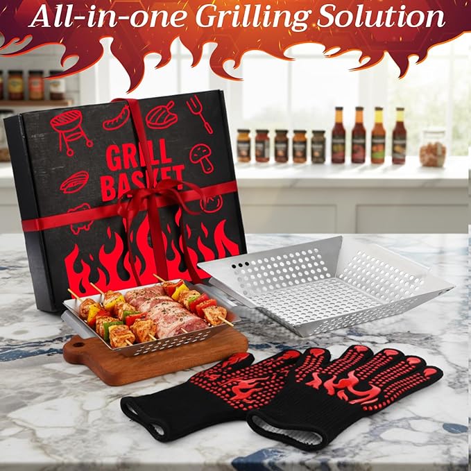 Grill Baskets for Outdoor Grills Set, 2 Sizes Stainless Steel Grill Baskets with BBQ Gloves for Veggies, Fish & Shrimp, Grilling Accessories Gifts for Dad, Husband, Friends, Father's Day